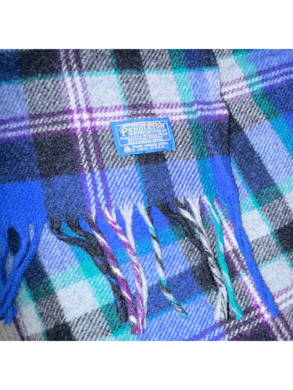Vintage Pendleton Tartan Plaid Wool Blanket Throw 66"x52" Blue/Green/Purple Frin - Picture 3 of 5